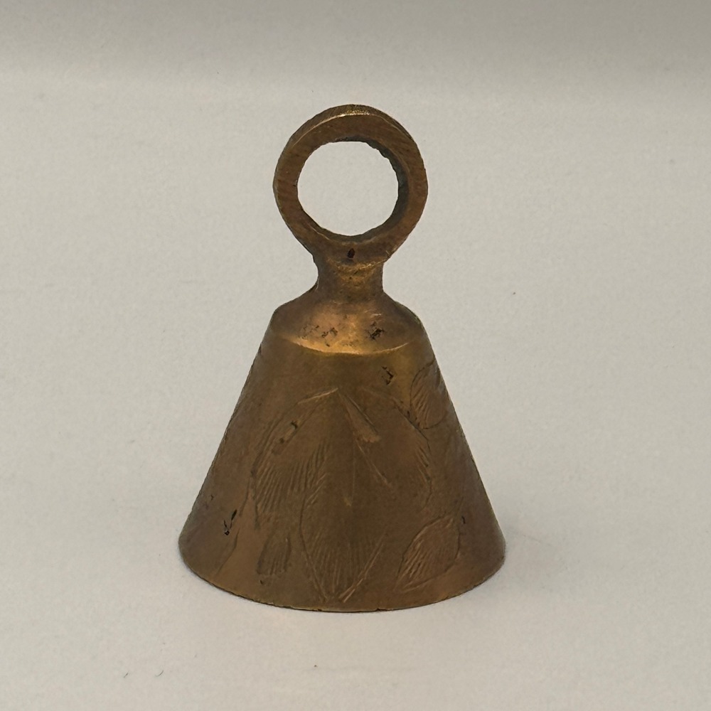 Vintage Etched Brass Conical Hand Bell with Leaf Pattern and Hanging Loop 2.25in